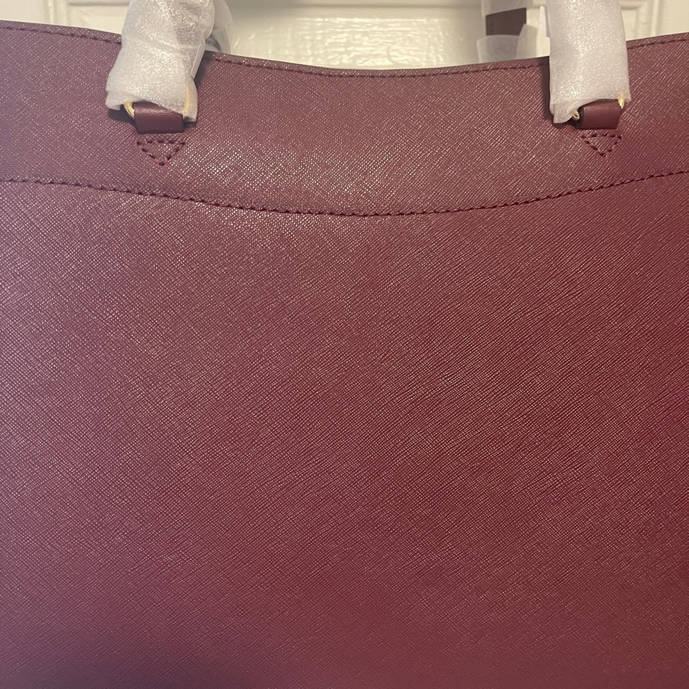 Michael Kors Wine Saffiano Leather Tote with Gold MK Charm - Picture 4 of 6